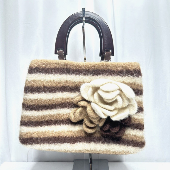 Artisan Wool Handbag Purse Removable Flowers pins Wooden handle Cottage artsy - Picture 2 of 16